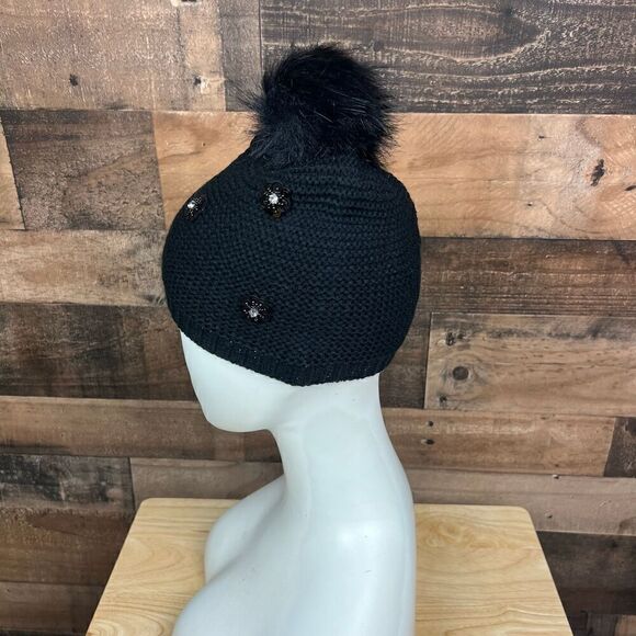 Neiman Marcus Hat Pom Pom Beanie Black Floral Embellished Bling Women One Size - Picture 8 of 11